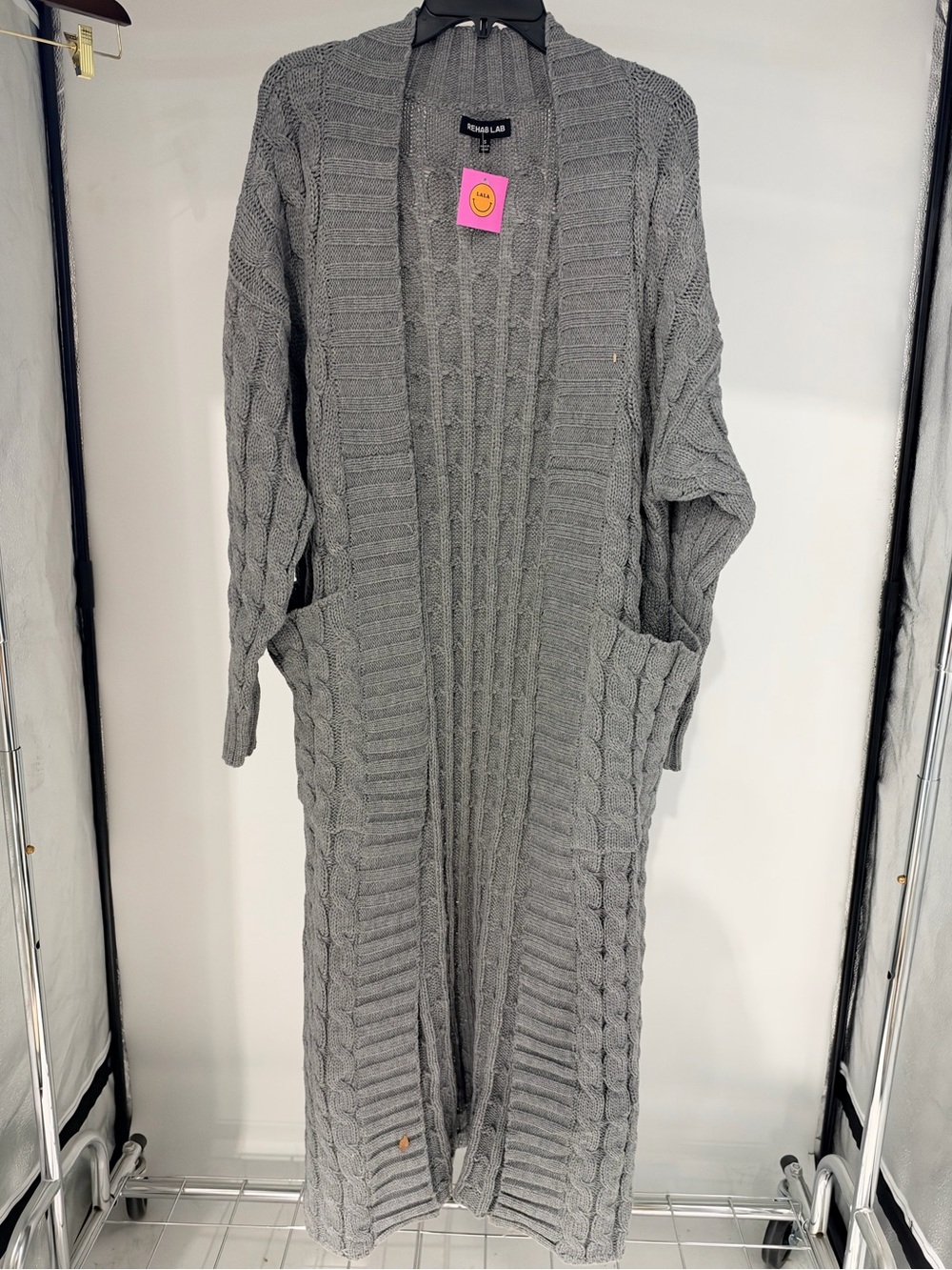 Gray Cable-Knit Long Open Cardigan Sweater